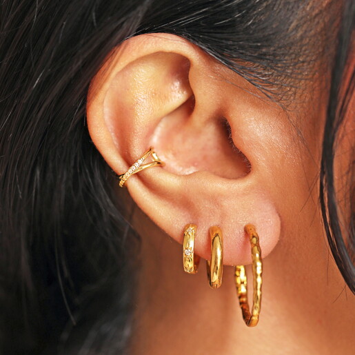 Curated Ear with Crystal Twin Flower Ear Cuff in Gold on Model