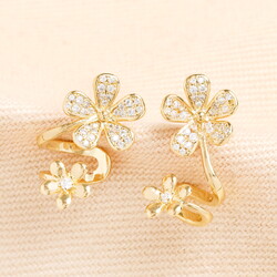 Crystal Twin Flower Stud Earrings in Gold