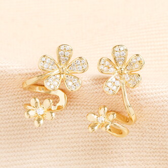 Crystal Twin Flower Stud Earrings in Gold