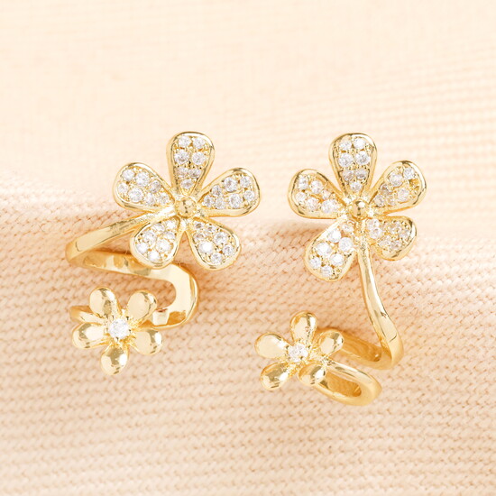 Crystal Twin Flower Stud Earrings in Gold
