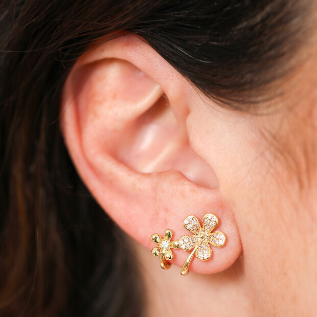 Crystal Twin Flower Stud Earrings in Gold