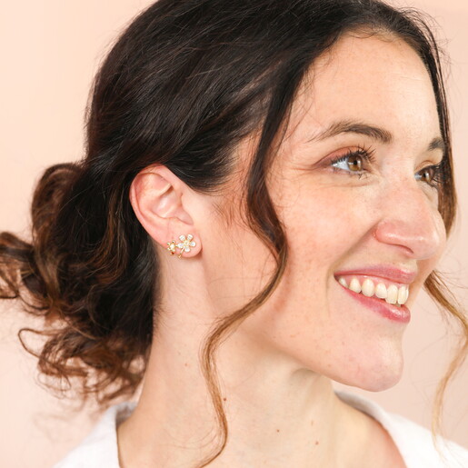 Crystal Twin Flower Stud Earrings in Gold