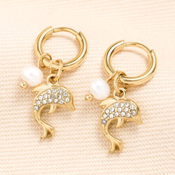 Stainless Steel Dolphin Charm Huggie Hoop Earrings in Gold