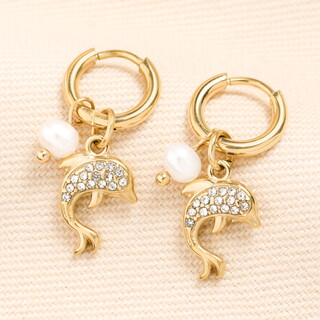 Stainless Steel Dolphin Charm Huggie Hoop Earrings in Gold