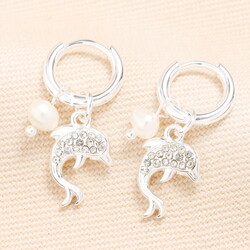 Stainless Steel Dolphin Charm Hoop Earrings in Silver
