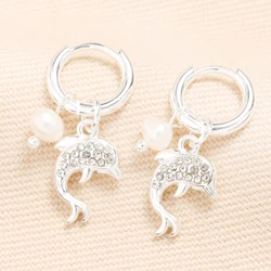 Stainless Steel Dolphin Charm Huggie Hoop Earrings in Silver