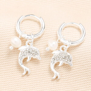 Stainless Steel Dolphin Charm Hoop Earrings in Silver