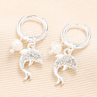 Stainless Steel Dolphin Charm Hoop Earrings in Silver