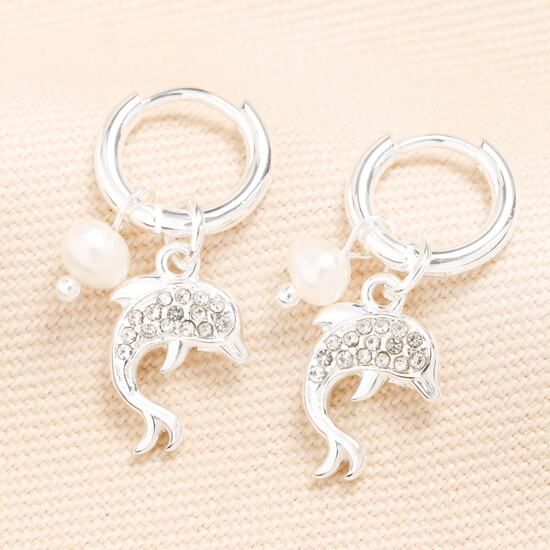 Stainless Steel Dolphin Charm Hoop Earrings in Silver