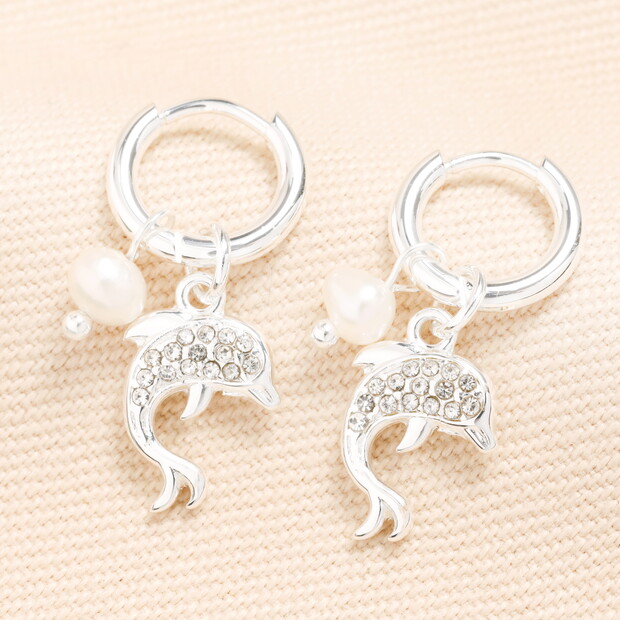 Stainless Steel Dolphin Charm Hoop Earrings in Silver
