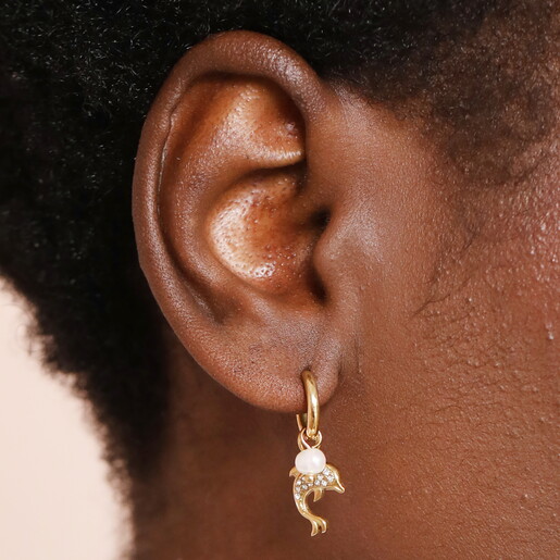 Stainless Steel Dolphin and Pearl Charm Huggie Hoop Earrings