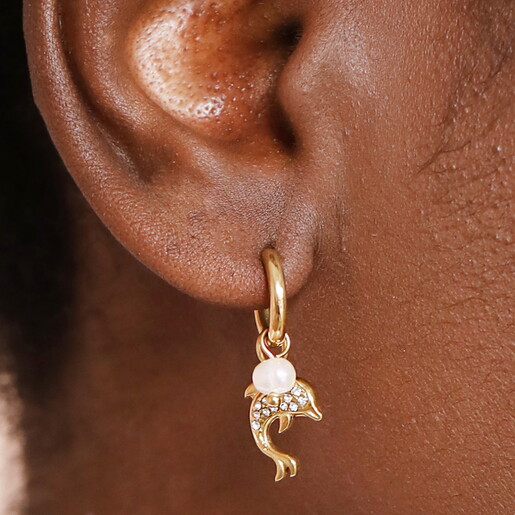 Stainless Steel Dolphin and Pearl Charm Huggie Hoop Earrings