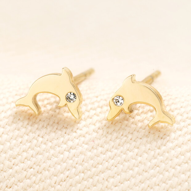 Stainless Steel Dolphin Stud Earrings in Gold