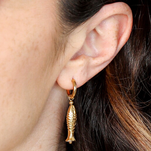 Stainless Steel Fish Charm Hoop Earrings in Gold