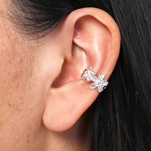 nature inspired ear cuff in silver close up on model