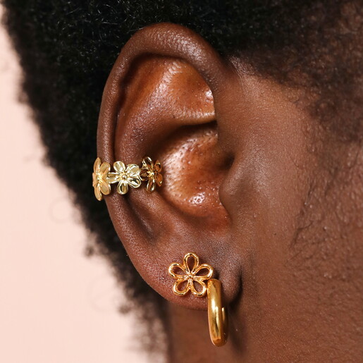 Model Shot of Flower Outline Stud Earrings in Gold with Flower Backs