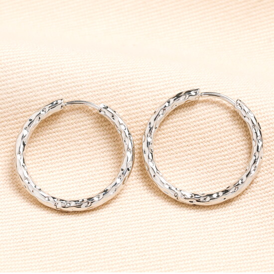 Stainless Steel Hammered Hoop Earrings in Silver