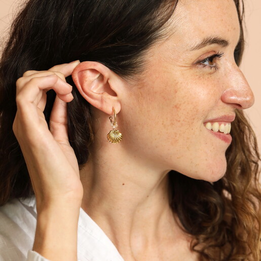 Stainless Steel Shell Charm Hoop Earrings in Gold