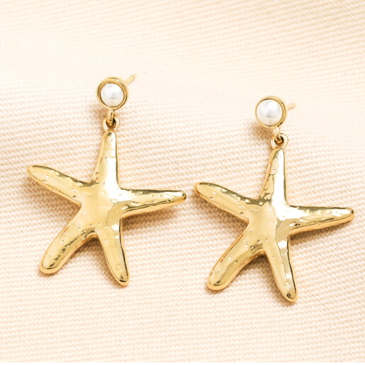 Stainless Steel Starfish Drop Earrings in Gold