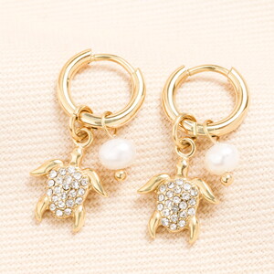 Stainless Steel Turtle Charm Hoop Earrings in Gold