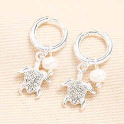Stainless Steel Turtle and Pearl Charm Huggie Hoop Earrings