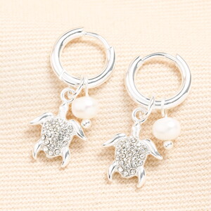 Stainless Steel Turtle and Pearl Charm Huggie Hoop Earrings