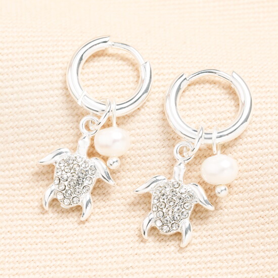 Stainless Steel Turtle and Pearl Charm Huggie Hoop Earrings