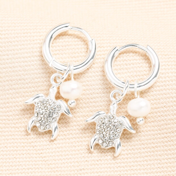 Stainless Steel Turtle and Pearl Charm Huggie Hoop Earrings