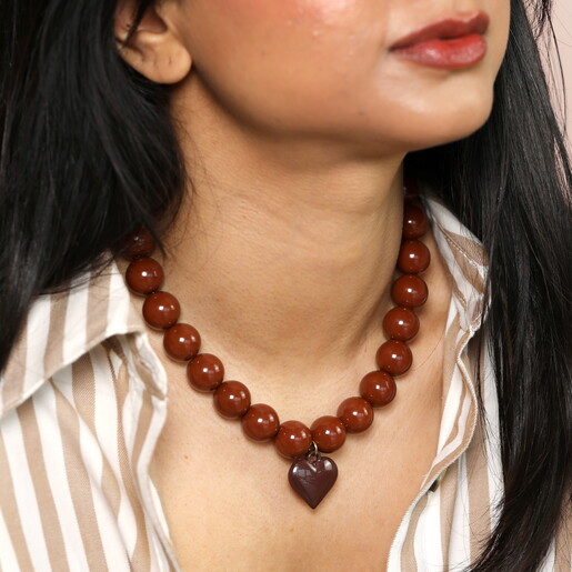 Brown Beaded Heart Charm Pendant Necklace