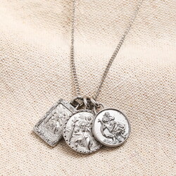 Men's Stainless Steel Vintage St Christopher Charms Long Chain Necklace in Silver
