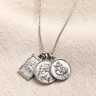 Men's Stainless Steel Vintage St Christopher Charms Long Chain Necklace in Silver