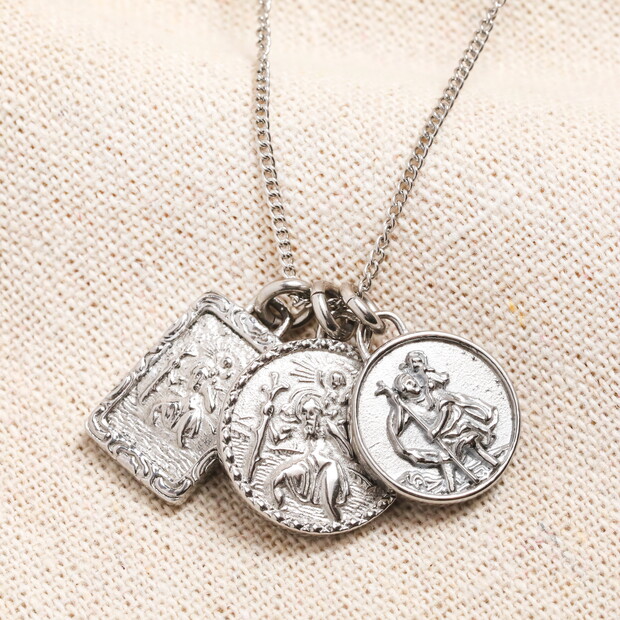 Men's Stainless Steel Vintage St Christopher Charms Long chain Necklace in Silver