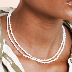 Oval Pearl Beaded Double Layer Fish Necklace in Silver