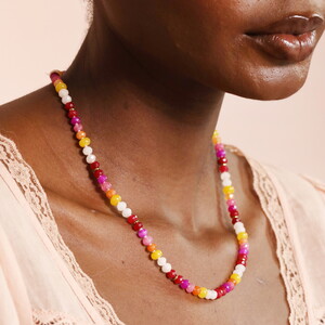 Pink and Burgundy Beaded Necklace in Gold