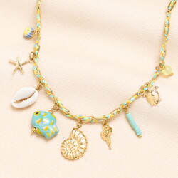 Stainless Steel Green and Blue Sea Charm Necklace in Gold