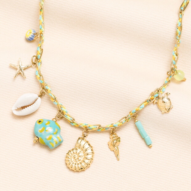 Stainless Steel Green and Blue Sea Charm Necklace in Gold