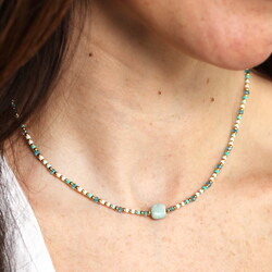 Semi Precious Aquatic Blue Beaded Necklace in Gold