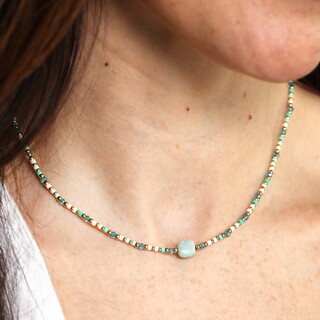 Semi Precious Aquatic Blue Beaded Necklace in Gold