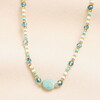 Semi-Precious Beaded Blue Oval Pendant Necklace in Gold