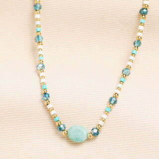 Semi Precious Aquatic Blue Beaded Necklace in Gold