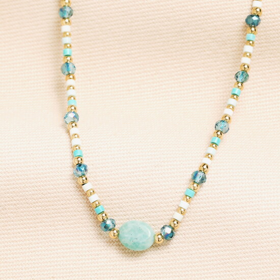 Semi Precious Beaded Blue Oval Pendant Necklace in Gold