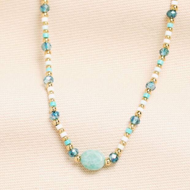 Semi Precious Aquatic Blue Beaded Necklace in Gold