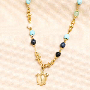 Semi Precious Beaded Blue Turtle Pendant Necklace in Gold