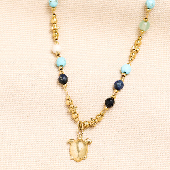 Semi Precious Beaded Blue Turtle Pendant Necklace in Gold