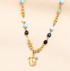 Semi Precious Beaded Blue Turtle Pendant Necklace in Gold
