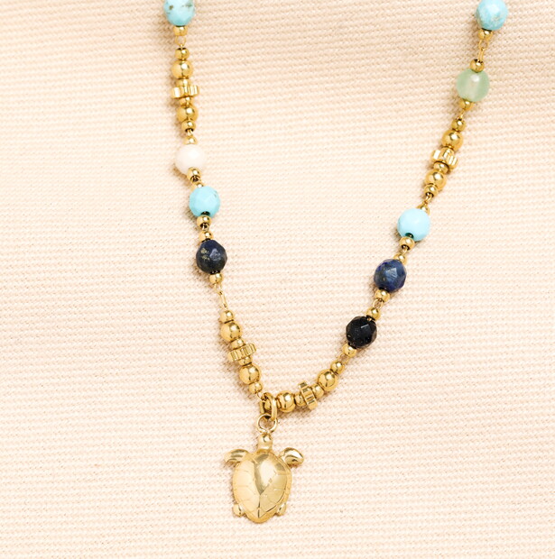 Semi Precious Beaded Blue Turtle Pendant Necklace in Gold
