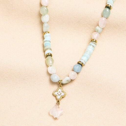 Semi Precious Blue Beaded Charm Necklace in Gold