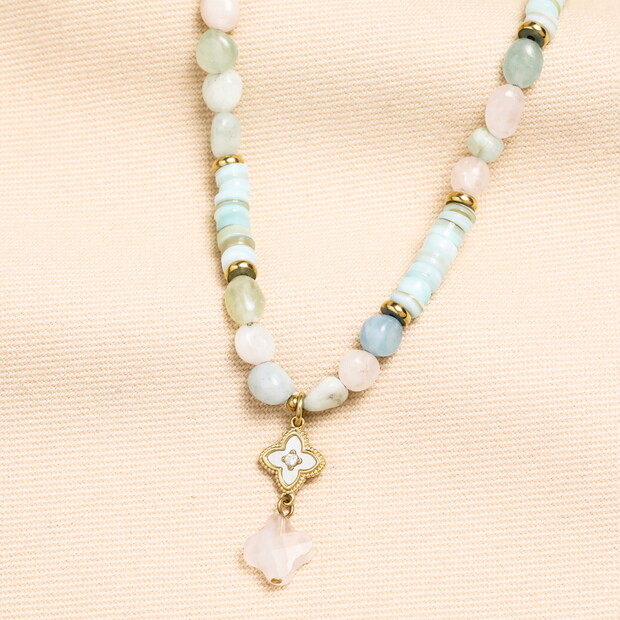 Semi Precious Blue Beaded Charm Necklace in Gold
