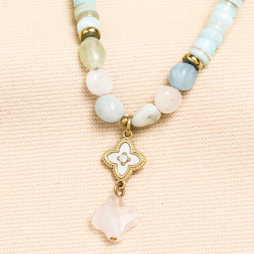 Semi Precious Blue Beaded Charm Necklace in Gold