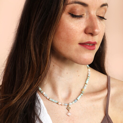 Semi Precious Blue Beaded Charm Necklace in Gold